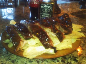 Jack & Coke Glazed Ribs!! Oh yeah..on a bed of potato chips!!