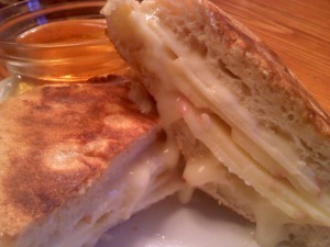 ~Apple & Brie stuffed french toast sandwich.. with honey "au jus" for dipping!